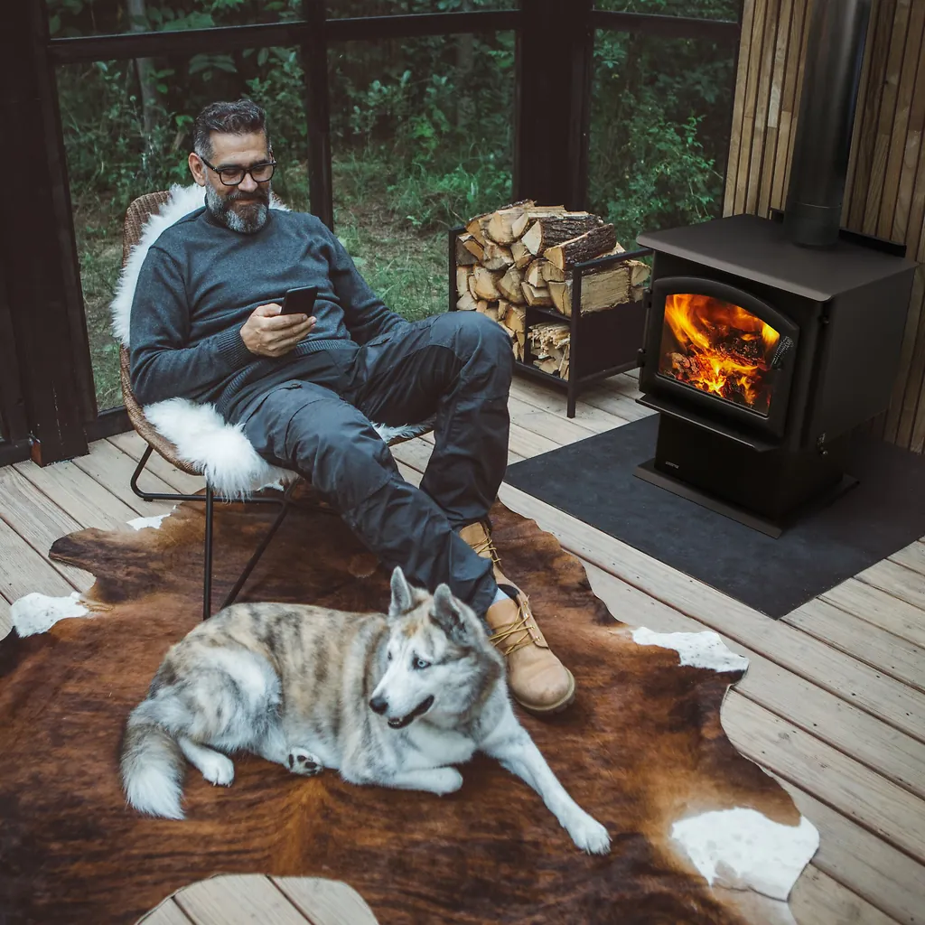 A man relaxes with his dog by a Quadrafire wood stove on a cabin porch — heat that works whether the grid does or not